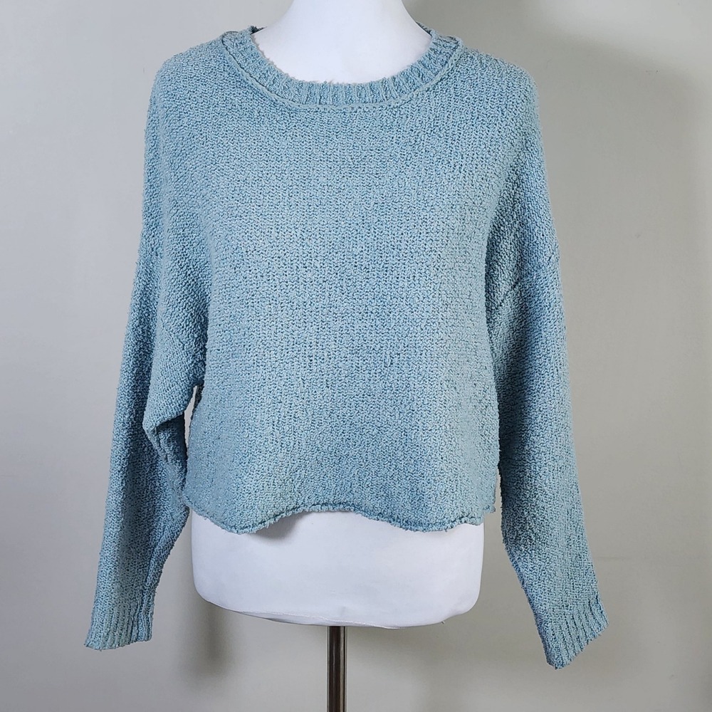Hippie Rose Cropped Boucle Sweater Womens Small Blue Textured Knit Pullover